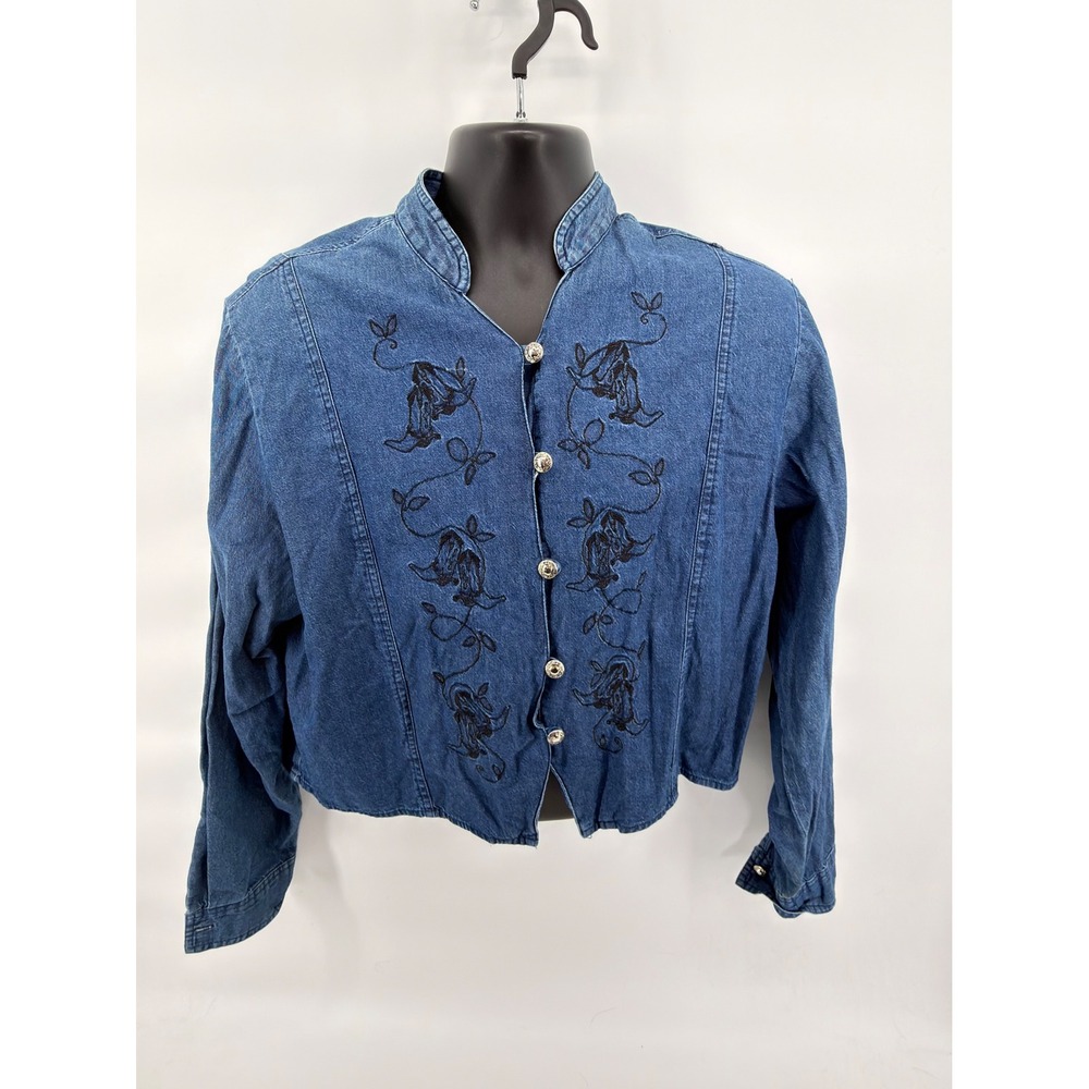 Ozark Mountain Jean Co Denim Jacket Womens XL Blue Floral Embroidered Vintage 90